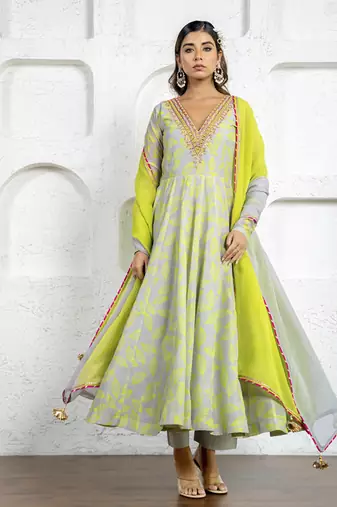 Neon green & grey chanderi floral printed anarkali set