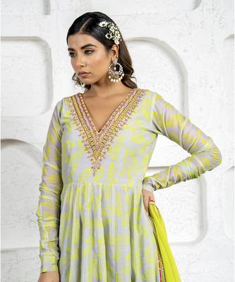 Neon green & grey chanderi floral printed anarkali set 3