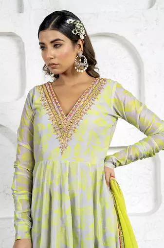 Neon green & grey chanderi floral printed anarkali set