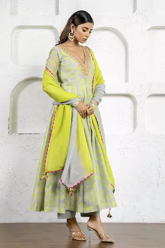 Neon green & grey chanderi floral printed anarkali set