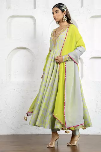 Neon green & grey chanderi floral printed anarkali set