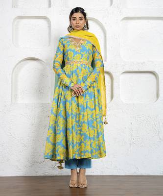 Neon blue & yellow floral printed & embroidered anarkali set 1