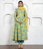 Neon blue & yellow floral printed & embroidered anarkali set