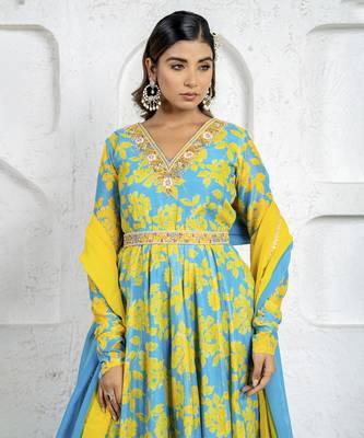 Neon blue & yellow floral printed & embroidered anarkali set 2