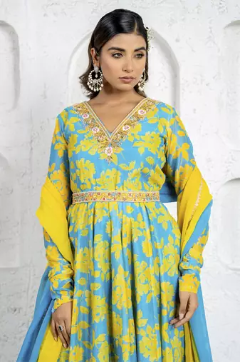 Neon blue & yellow floral printed & embroidered anarkali set
