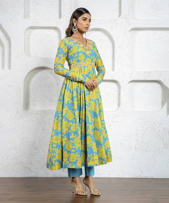 Neon blue & yellow floral printed & embroidered anarkali set 3