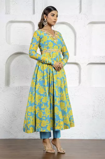 Neon blue & yellow floral printed & embroidered anarkali set