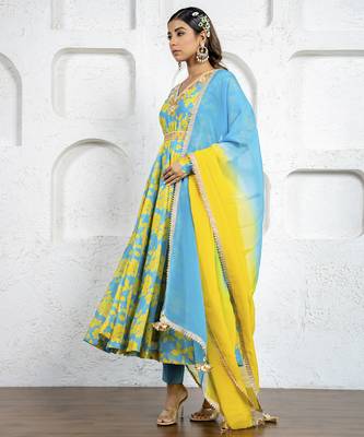 Neon blue & yellow floral printed & embroidered anarkali set 4