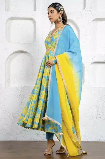 Neon blue & yellow floral printed & embroidered anarkali set