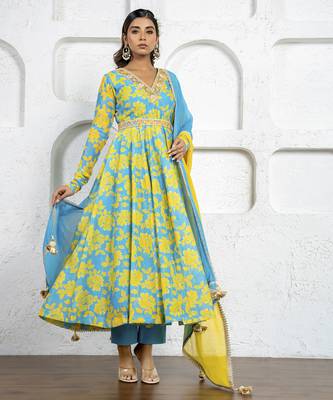 Neon blue & yellow floral printed & embroidered anarkali set 5