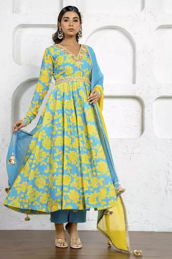 Neon blue & yellow floral printed & embroidered anarkali set