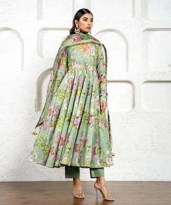Pista green floral printed & embroidered anarkali set 1