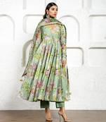 Pista green floral printed & embroidered anarkali set