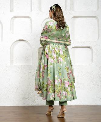 Pista green floral printed & embroidered anarkali set 2