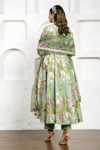 Pista green floral printed & embroidered anarkali set