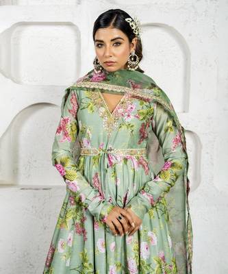 Pista green floral printed & embroidered anarkali set 3