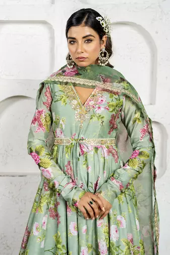 Pista green floral printed & embroidered anarkali set