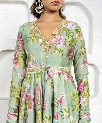 Pista green floral printed & embroidered anarkali set 4