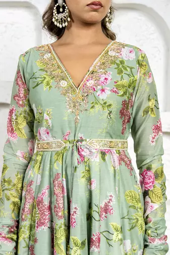 Pista green floral printed & embroidered anarkali set
