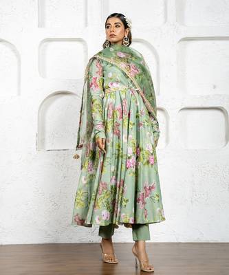 Pista green floral printed & embroidered anarkali set 5