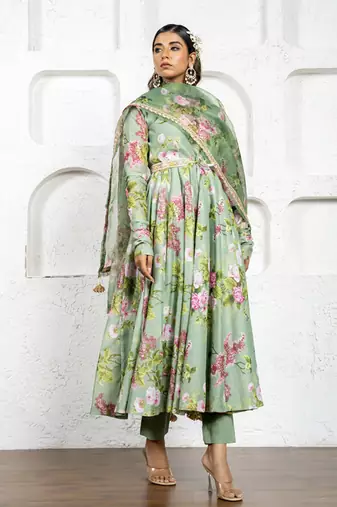 Pista green floral printed & embroidered anarkali set