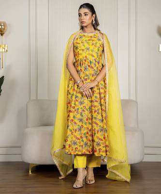 Yellow chanderi floral printed anarkali set 1