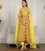 Yellow chanderi floral printed anarkali set