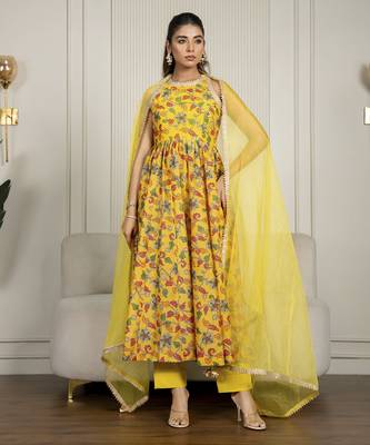 Yellow chanderi floral printed anarkali set 2