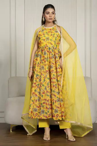 Yellow chanderi floral printed anarkali set