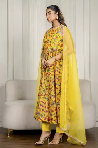 Yellow chanderi floral printed anarkali set