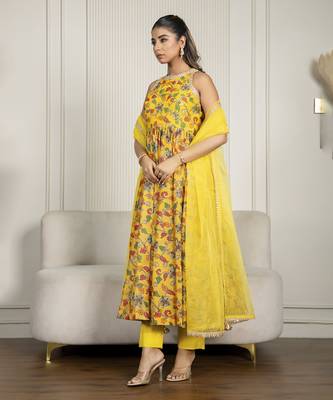 Yellow chanderi floral printed anarkali set 5