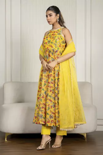 Yellow chanderi floral printed anarkali set