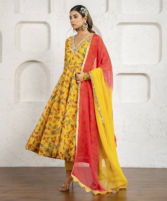 Yellow floral printed & embroidered anarkali set 1