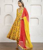 Yellow floral printed & embroidered anarkali set