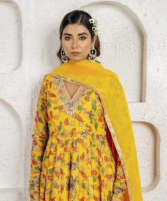Yellow floral printed & embroidered anarkali set 2