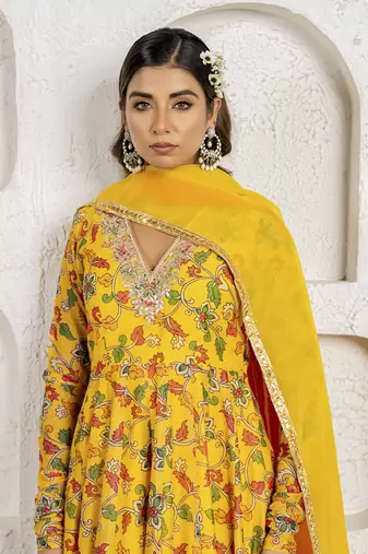Yellow floral printed & embroidered anarkali set