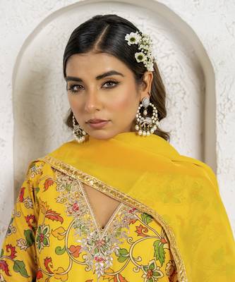 Yellow floral printed & embroidered anarkali set 3