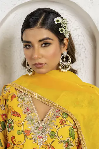 Yellow floral printed & embroidered anarkali set