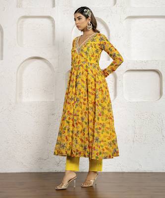 Yellow floral printed & embroidered anarkali set 4