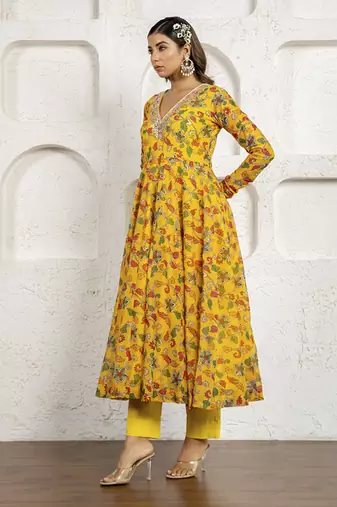 Yellow floral printed & embroidered anarkali set