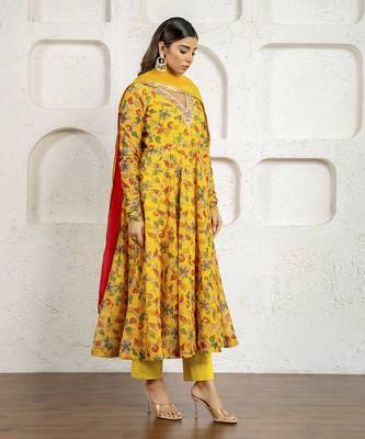 Yellow floral printed & embroidered anarkali set 5