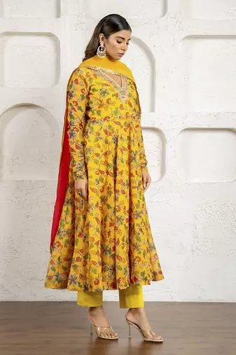 Yellow floral printed & embroidered anarkali set