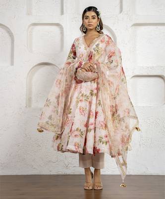 Peach floral printed & embroidered anarkali set 1