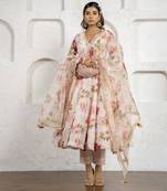 Peach floral printed & embroidered anarkali set