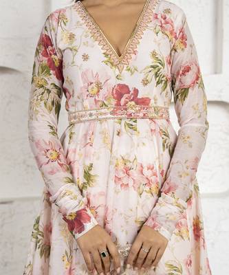 Peach floral printed & embroidered anarkali set 2