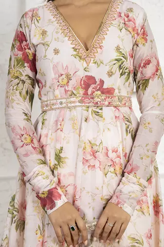 Peach floral printed & embroidered anarkali set