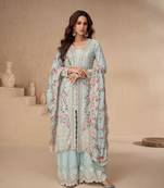 Light blue free size embroidered full stitched palazzo wedding suits