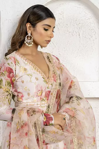 Peach floral printed & embroidered anarkali set