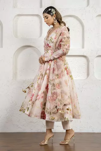 Peach floral printed & embroidered anarkali set