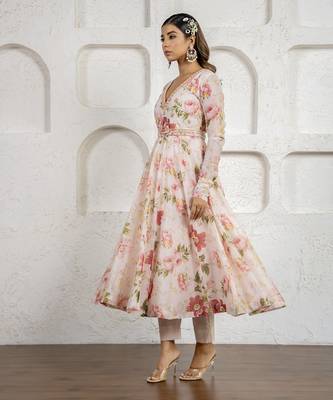 Peach floral printed & embroidered anarkali set 5